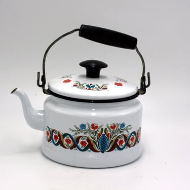 vintage scandinavian style enamel tea kettle 