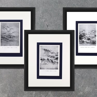 Vintage Japanese Postcards Mounted | Set of 3 Black and White Landscape Art | Acid Free Mat Board | Fits 8