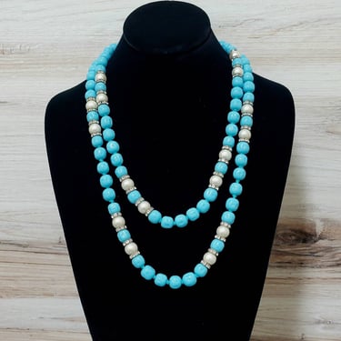 XLong Blue Glass and Pearl Beaded Necklace - One of a Kind Jewelry 