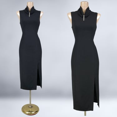 VINTAGE 90s does 50s Black Curvy Sheath Dress with Rhinestone Accents by N.R.1 | 1990s Art-Deco High Neck Wiggle Cocktail Dress | VFG 