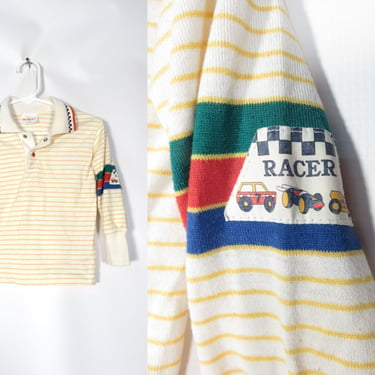 Vintage 80s Kids Polo Tshirt With Colorblock Sleeves and Racer Patch Made In USA Size 2T/3T 