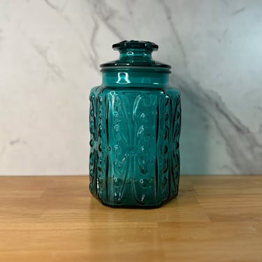 Vintage L.E. Smith Blue Glass Canister with Imperial Atterbury Scroll Design 