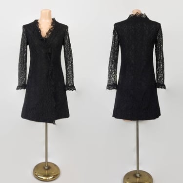 VINTAGE 60s Black Lace Wrap Mini Dress | 1960s Sheer Sleeve Cocktail Party Dress | Mod Gothic Cordonnet Lace Twiggy Dress S/M vfg 