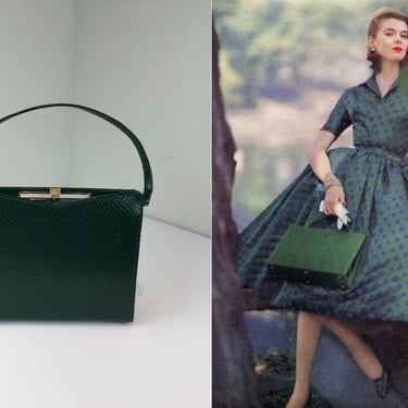 Her Central Park Views - Vintage 1950s 1960s NOS Dark Green Faux Reptile Vinyl Leather Handbag 