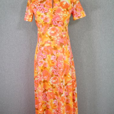 1960s 1970s Orange Floral Maxi - Hawaiian, Tiki, Tropical - Resort Wear, Vacation Dress, Summer Dress 