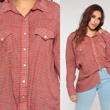 Red Plaid Western Shirt 70s Pearl Snap Shirt Flannel Button up Top Long Sleeve Cowboy Rodeo Retro 1970s Vintage Mens Extra Large xl 17 1/2 