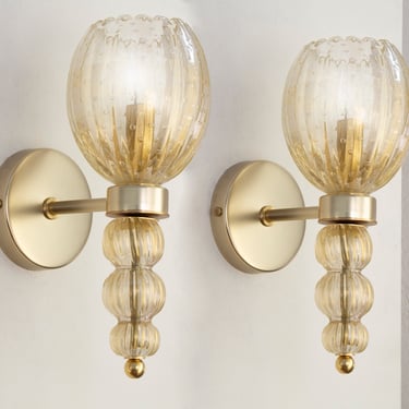 One off Set of 2 Murano glass sconces in crystal and gold decorations, blown glass and Barovier style, Made in Italy 