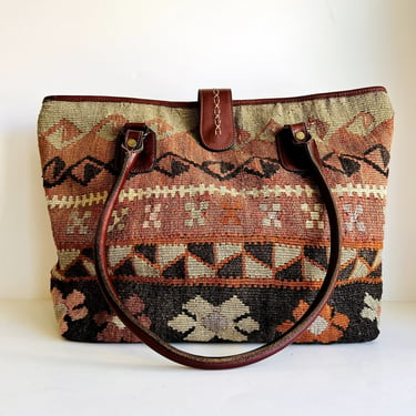 90s Handmade Yun Art Woven Wool Tapestry with Genuine Leather Weekender Tote 