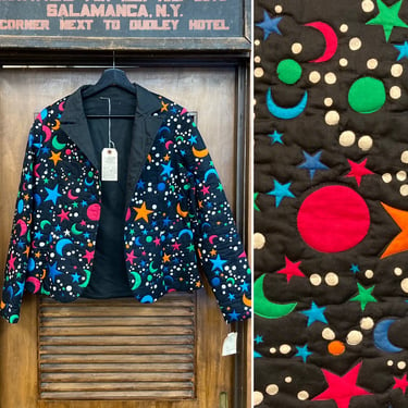 Vintage 1980’s -Deadstock- Quilted Stars x Moons Black Background Rare Style Jacket, 80’s Blazer, Vintage Clothing 