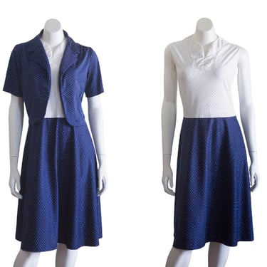 Vintage 70s/80s Blue and White Polka Dot Dress Set - Matching Jacket 