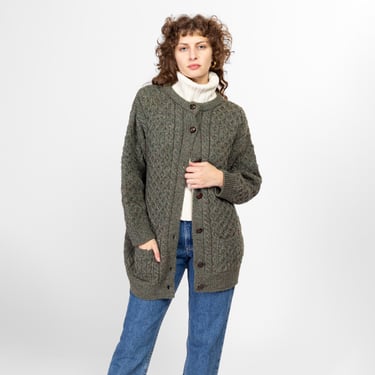 Med-Lrg 90s Irish Sage Green Cable Knit Wool Fisherman Cardigan | Vintage Inis Crafts Chunky Knit Button Up Sweater 