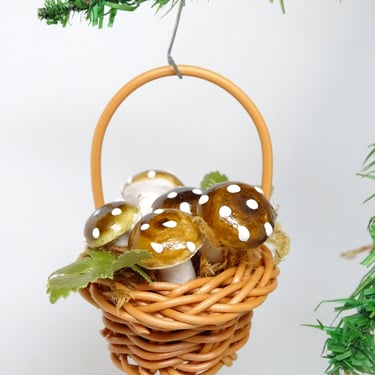 Vintage German Basket of Spun Cotton Mushrooms Christmas Tree Ornament, Antique Hand Painted Feather Tree Decor, Germany 