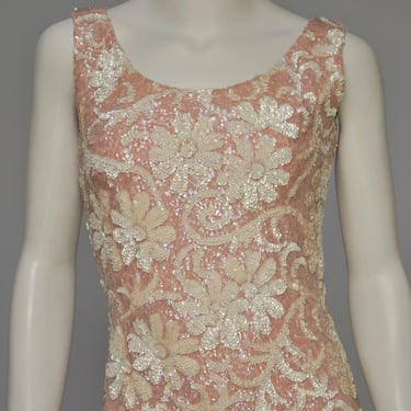 vintage 1960s pink knit dress with floral sequins XS-M 