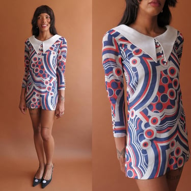 Vintage 60s Mod Micro Mini Psychedelic Dress/ 1960s Red White Blue Big Collar/ Size XS Petite 