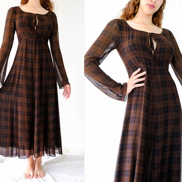 Vintage 90s ANNE KLEIN Dark Brown & Black Plaid Empire Waist Sheer Silk Dress | 100% Silk | Bohemian, Grunge | 1990s Designer Silk Dress 