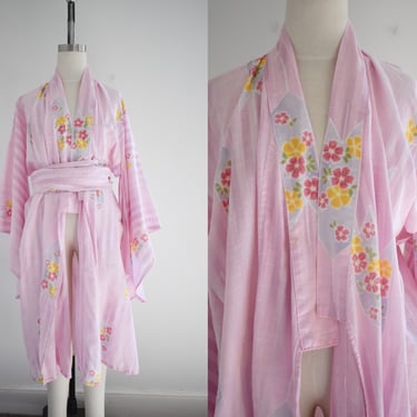 Vintage Pink Floral Cotton/Blend Kimono Robe 