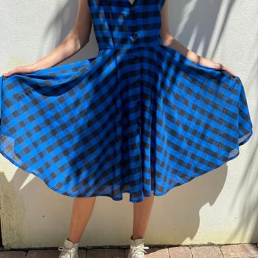 1980's Check Dress / Cobalt Blue and Black Cotton Daywear / 80's Does 50's Shirt Dress / Full Skirt Nipped Waist Fit n Flare / 