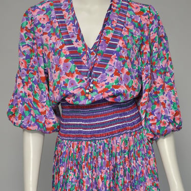 vintage 1980s Diane Susan Freis floral pleated dress w/ v neckline S/M 