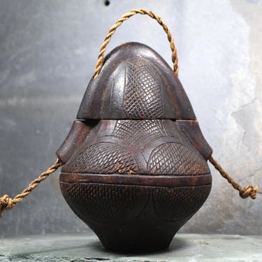 Small African Bottle - Hand Carved Wood - Rustic African Folk Art - Vintage African Wooden Jar 