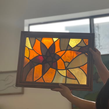 Vintage Framed Stained Glass Brown Beige Yellow White Abstract Flower wall decor antique style wooden frame motif flower mosaic art 