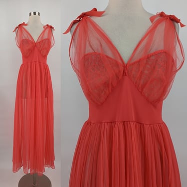 Vintage 60s Evette Pink Long Pleated Sheer Lingerie Nightgown - XS 