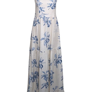 Agua Bendita for Anthropologie - White w/ Blue Fruit Toile Print Maxi Dress Sz M