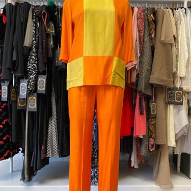 vintage 1960s 2 piece silk outfit, cigarette pants and blouse, orange and yellow 