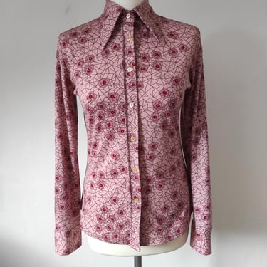 Vintage 1970s Blouse with the Dagger Collar, Pink 1970's Shirt with the Pointed Collar, 70's Woman's Shirt 