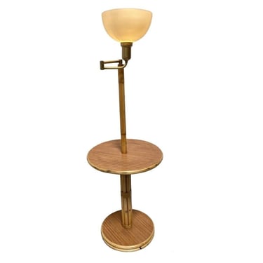 Mid Century Rattan Swing Arm Floor Lamp w/ Drink Stand 
