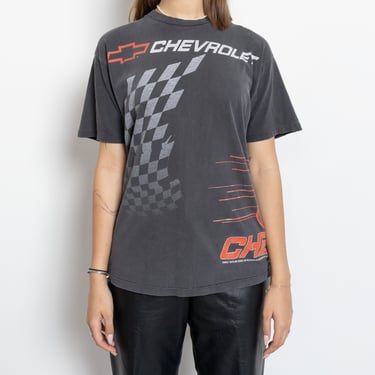 CHEVROLET T-SHIRT Racing Vintage CAR Shirt Tee Black Graphic Finish Line Faded Distressed / 80's Medium 