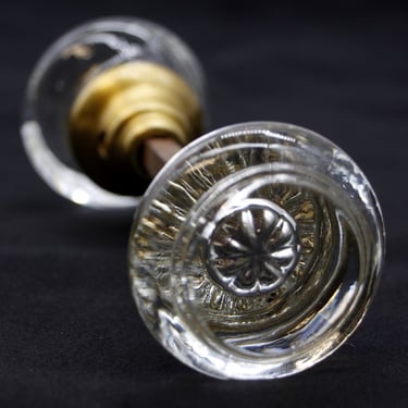 Pair of Vintage Round Clear Glass & Brass Door Knobs