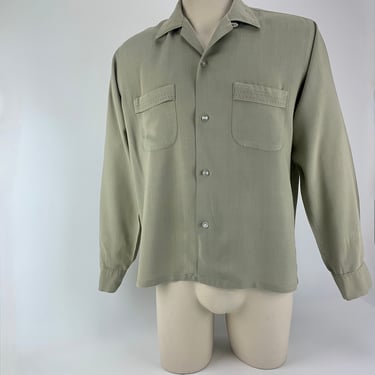 1950's Rayon Shirt - Sage Green Light Weight Fabric-  - Patch Pocket with Top Stitching Details - Loop Collar - Size Medium 