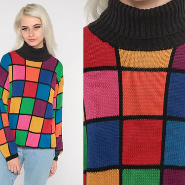 Checkered Turtleneck Sweater 90s Rainbow Color Block Knit Sweater Colorful Square Print Pullover Retro Vintage 1990s Cotton Ramie Medium 