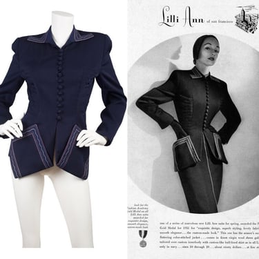 Lilli Ann 1951 Ad Campaign Vintage Navy Wool Gabardine Tailored Jacket Sz S 