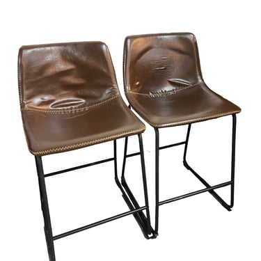 Pair Brown Leather Roundhill Furniture Counter Armless Stools EK221-8