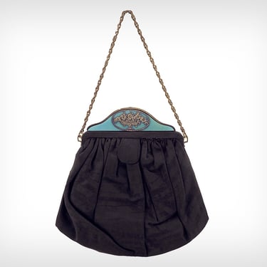 1800s Purse // Victorian Black Silk Moiré and Enamel Handbag 