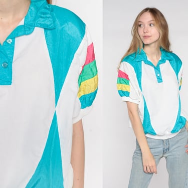 Striped Polo Shirt 80s 90s Color Block Collared Shirt Blue Red Green Yellow Retro Hipster Colorful Statement Top Banded Hem Vintage Large L 