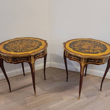 Fine Pair of French Louis XV Style Napoleon III Taste Gilt Bronze Mounted Floral Marquetry Inlaid Mahogany Side Tables 