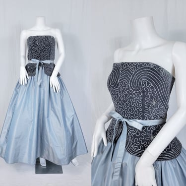 1990's Slate Blue Grey Velvet Taffeta Tea Length Gown Dress I Sz Sm I Katherine McNeil I Sz 6 