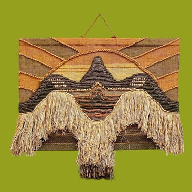 Vintage Wall Weaving Retro 1970s Mid Century Modern + Don Freedman Style + Sunrise Mountains + Birds Wings + Bohemian Fiber Art + MCM Decor 