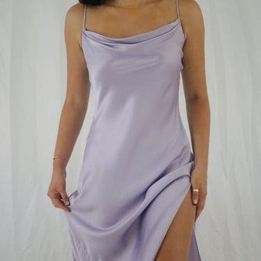 Vintage Lilac Purple Silk Slip Dress - Cowl Neckline - Side Slit - Small 