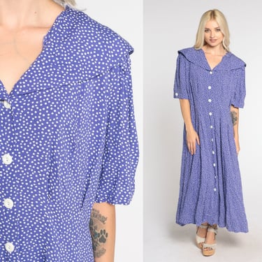 90s Midi Dress Purple Polka Dot Button up Dress Oversized Collar Retro Preppy Collared Secretary Dress Casual Day Vintage 1990s 2xl xxl 18w 