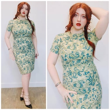 1960s Vintage Paisley Cotton Wiggle Dress / 60s / Sixties Elastic Taupe and Blue Belted Dress / Medium - Large 