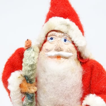 Vintage 1940's 4 1/2 Inch Santa With Hand Painted Clay Face, Original Paper Label, Antique Christmas 