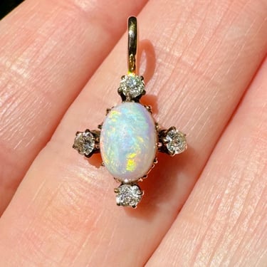 Antique Victorian 14K Gold Opal & Mine Cut Diamond Stickpin Conversion Pendant 