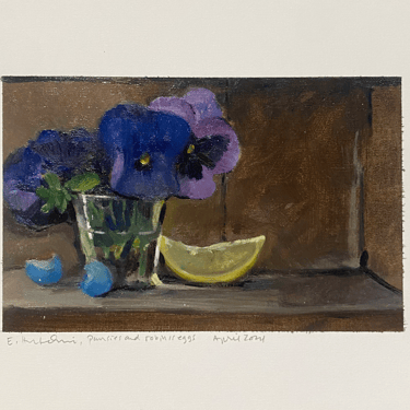 Elizabeth Hutchinson Painting - Pansies and Robin's Eggs