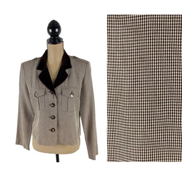 80s Houndstooth Jacket | Velvet Collar Brown & White Check | Shoulder Pads Epaulette Tabs Cropped Boxy Blazer | 1980s Clothes Women Vintage 