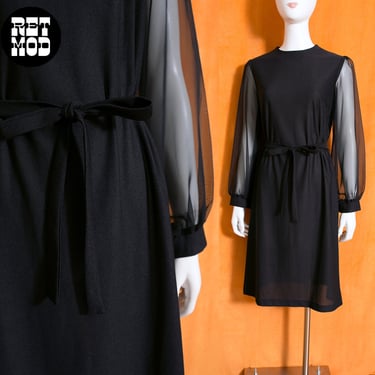 Vintage 60s 70s Chic Little Black Dress with Sheer Sleeves 