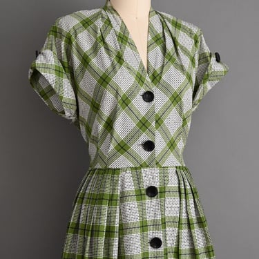 Vintage 1950s Dress | A Ben Art Frock Green Plaid Print Cotton Shirtwaist Dress | XL 