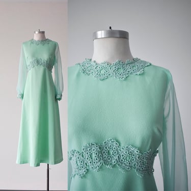 Vintage 1970s Mint Green Polyester Maxi Dress 